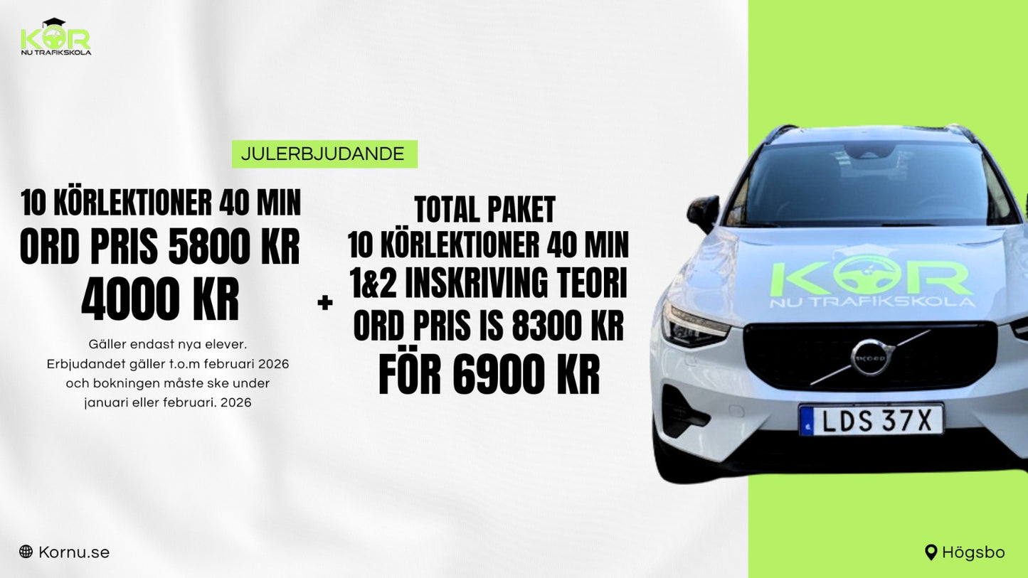 Litet paket (5 körlektioner 80 min) inklusive Risk 1-2 och teoriutbildning & inskrivning (Körhäfte ingår)