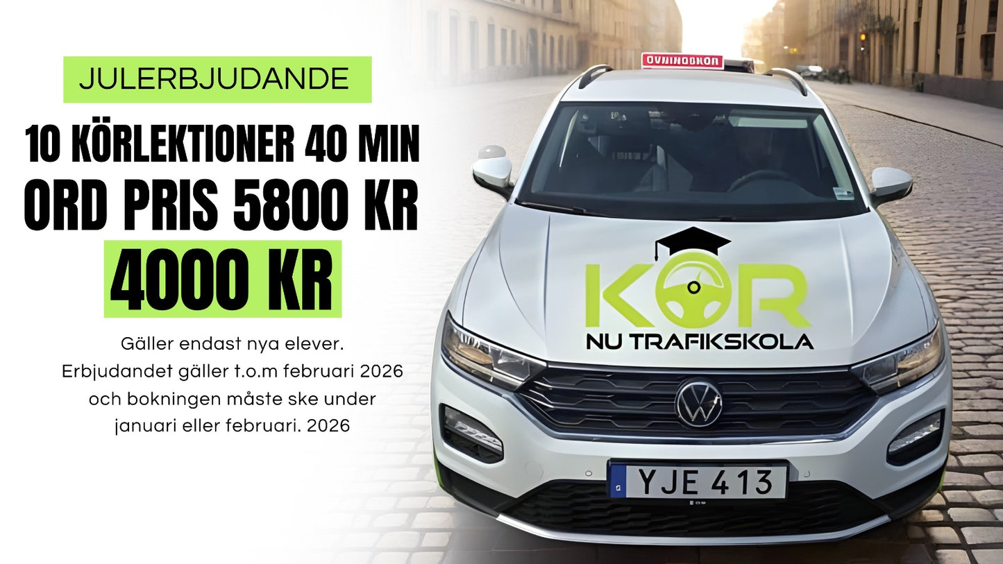 10 körlektioner (40 min) eller 5 körlektioner (80 min). Gäller endast nya elever. Spara 1800 kr.