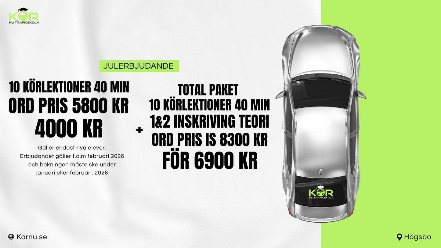 Totalpaket 2 (10 körlektioner) (Gäller endast nya elever )inklusive Risk 1-2 och teoriutbildning & inskrivning (Körhäfte ingår) (Spara 1400 kr)